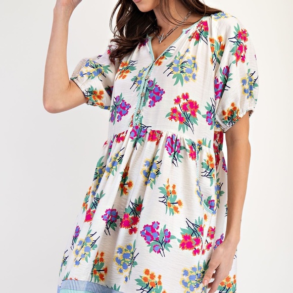 NEW EASEL PRINT MIX STRIPE BUTTON FRONT WOVEN DRESS PUFF SLEEVES FLORAL - Picture 3 of 7